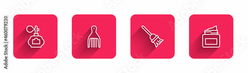 Set line Aftershave, Barrette, Mop and Cream cosmetic jar with long shadow. Red square button. Vector