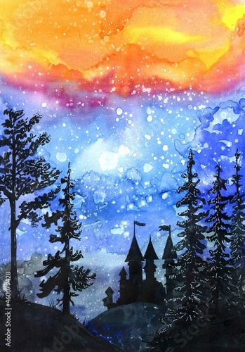 watercolor illustration of castle silhouette on mountain among trees on background of bright orange and blue starry sky. Hand-drawn fairy-tale palace