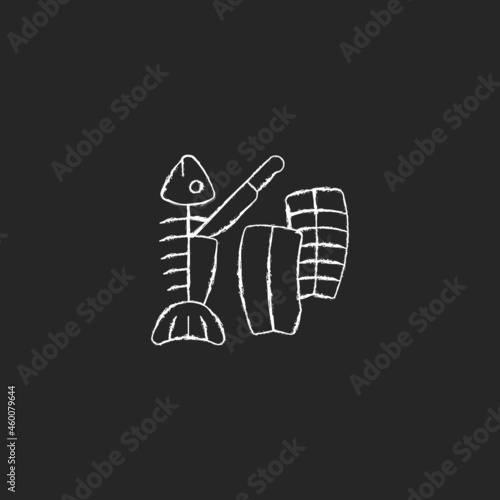 Fillet carving chalk white icon on dark background. Slicing fish flesh. Skinless and boneless seafood product. Fish filet commercial processing. Isolated vector chalkboard illustration on black