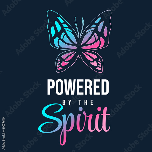 Vector Nature Illustration of Neon Light Butterfly on Black Color Background. Line Art Style Design with Word Powered by the Spirit