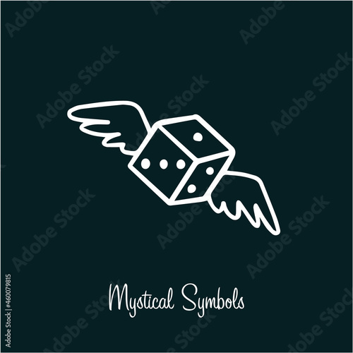 Mystical spiritual symbol game cube fly wings, style old school, tattoo, icon, sign. Magic esoterica talisman element. Vector illustration