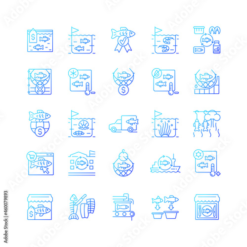 Fishing industry gradient linear vector icons set. Catching and preparing seafood. Processing and farming. Canning plant. Thin line contour symbols bundle. Isolated outline illustrations collection