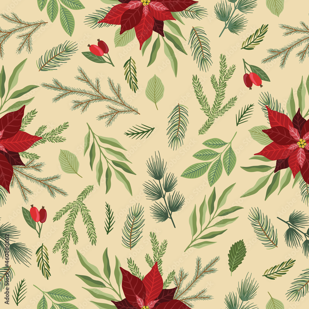Fototapeta premium Seamless pattern with hand drawn poinsettia flowers and floral branches and berries, christmas florals.