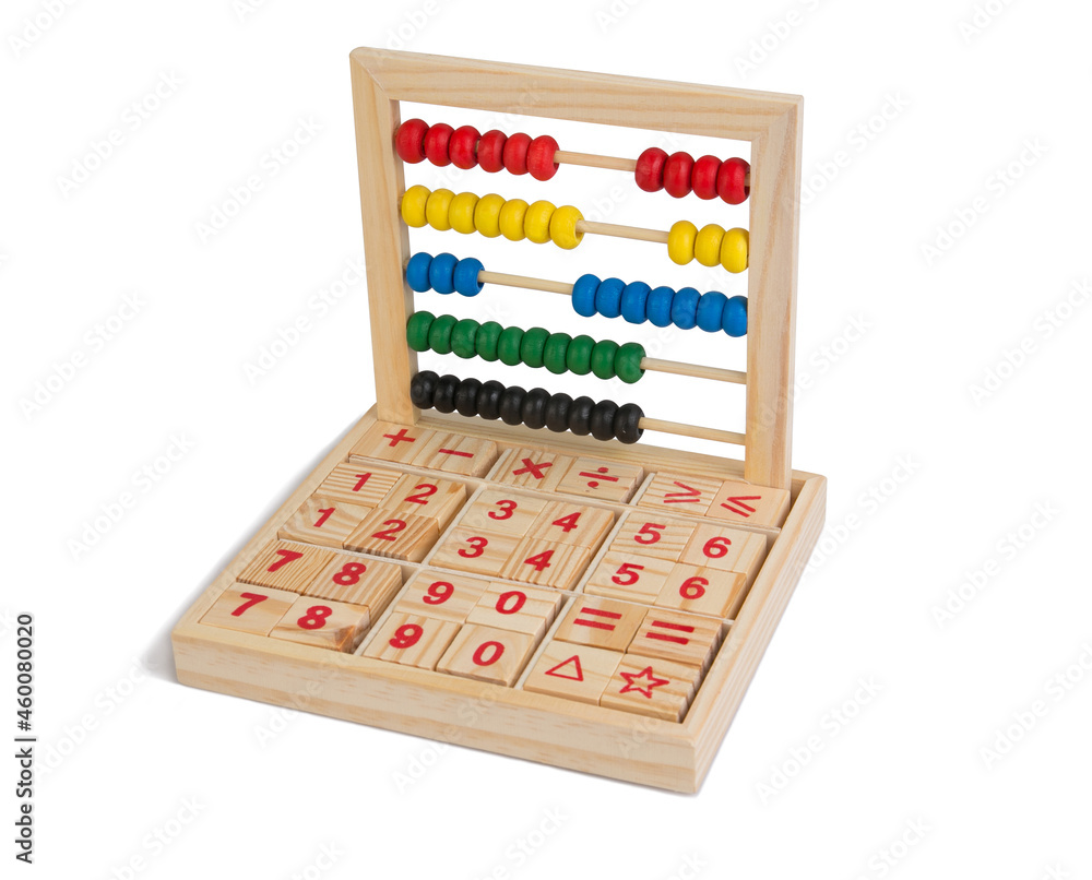 Colorful abacus with symbols and numbers wooden blocks. Educational toys Colorful abacus with symbols and numbers wooden blocks. Educational toys