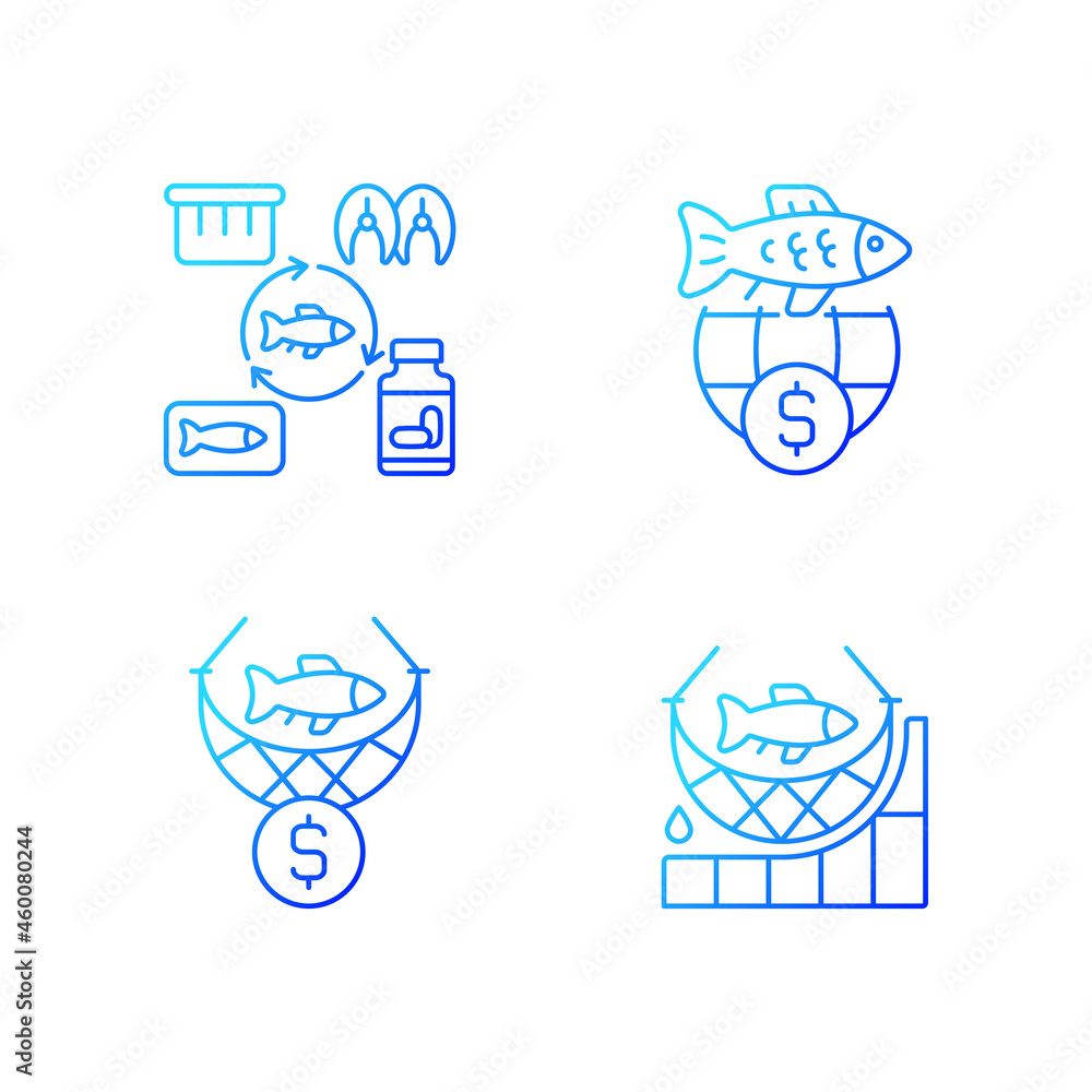 Fish product producing and trade gradient linear vector icons set. Commercial fishing. Producing seafood products for trade. Thin line contour symbols bundle. Isolated outline illustrations collection