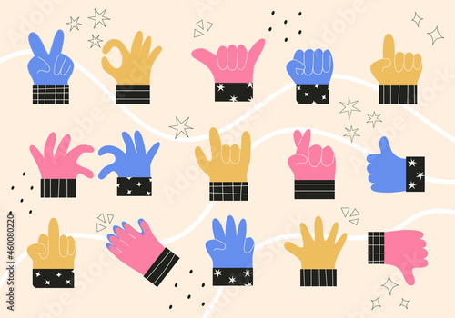 Set of colorful abstract hands in different gestures emotions and signs. Modern isolated vector illustration in trendy colors. Interactive communication, forefinger sign. Open arm, ok, victory emojis