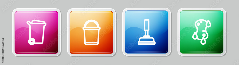 Set line Trash can, Bucket, Rubber plunger and Sponge. Colorful square button. Vector Set line Trash can, Bucket, Rubber plunger and Sponge. Colorful square button. Vector