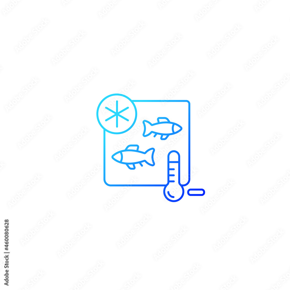 Fish storing gradient linear vector icon. Keep cool to save quality. Seafood storage. Freezing fish for trade. Thin line color symbol. Modern style pictogram. Vector isolated outline drawing Fish storing gradient linear vector icon. Keep cool to save quality. Seafood storage. Freezing fish for trade. Thin line color symbol. Modern style pictogram. Vector isolated outline drawing