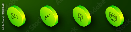 Set Isometric line Police electric shocker, rubber baton, Footsteps and Telephone call 911 icon. Vector