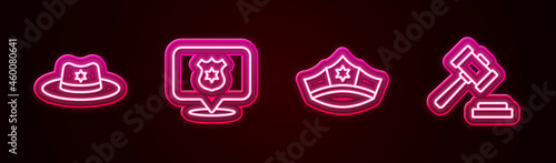 Set line Sheriff hat with badge, Police, cap cockade and Judge gavel. Glowing neon icon. Vector