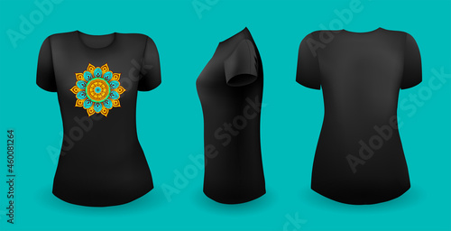 Black female t shirt with mandala. Front, back and side view. Vector