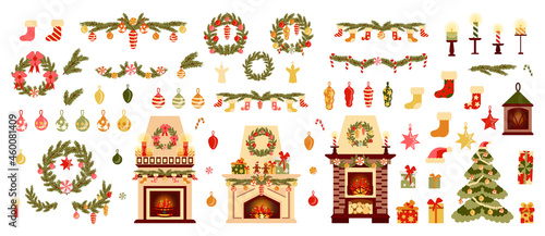  festive collection of vector elements in a flat cartoon style isolated on a white background. Decorated fireplaces, Christmas toys, balloons, Christmas tree,  branches, festive wreaths and garlands