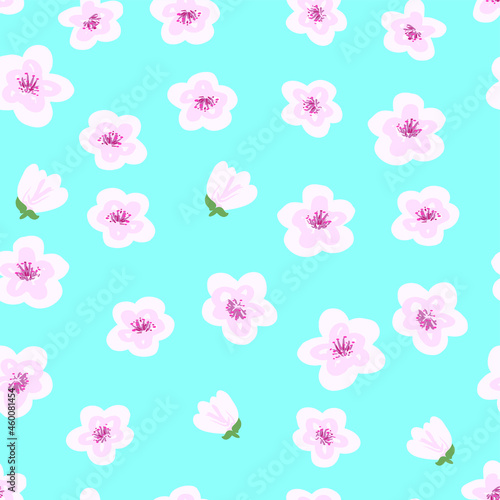 Seamless floral pattern with sakura flowers on a blue background. Stock vector illustration