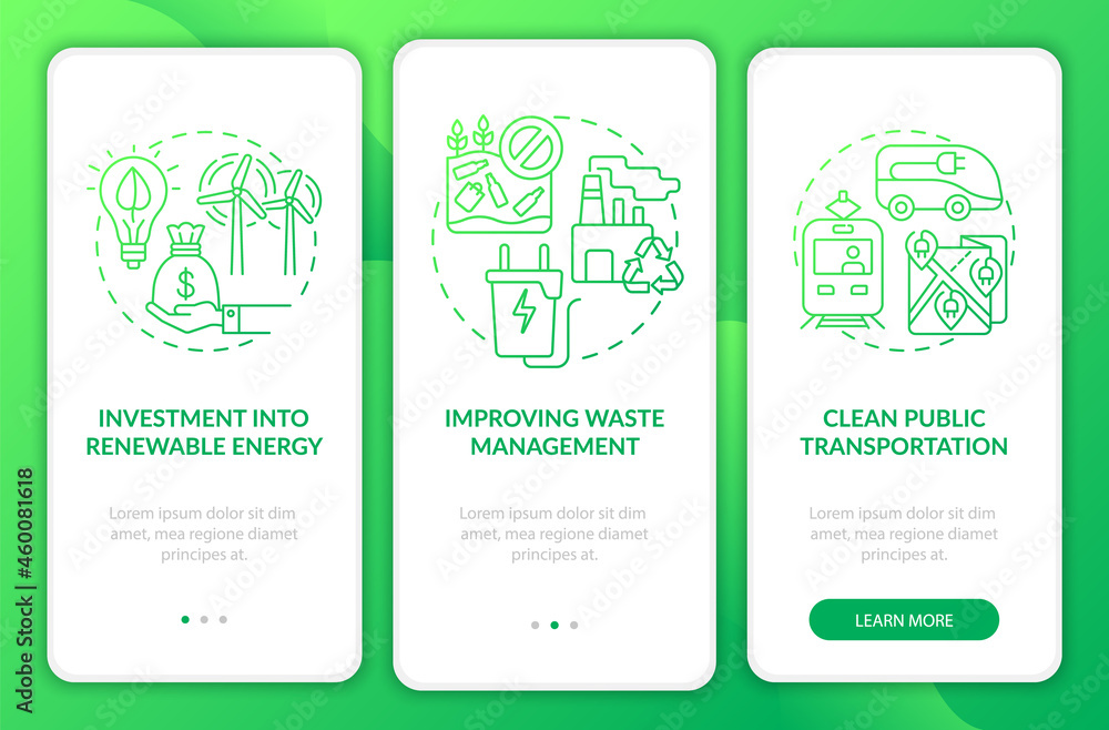 Reduce global warming onboarding mobile app page screen. Waste management walkthrough 3 steps graphic instructions with concepts. UI, UX, GUI vector template with linear color illustrations