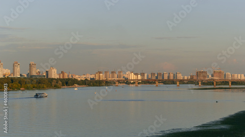 Landscape of the Dnieper river in the city of Kyiv and a ship. 