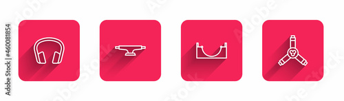 Set line Headphones, Skateboard wheel, park and Y-tool with long shadow. Red square button. Vector