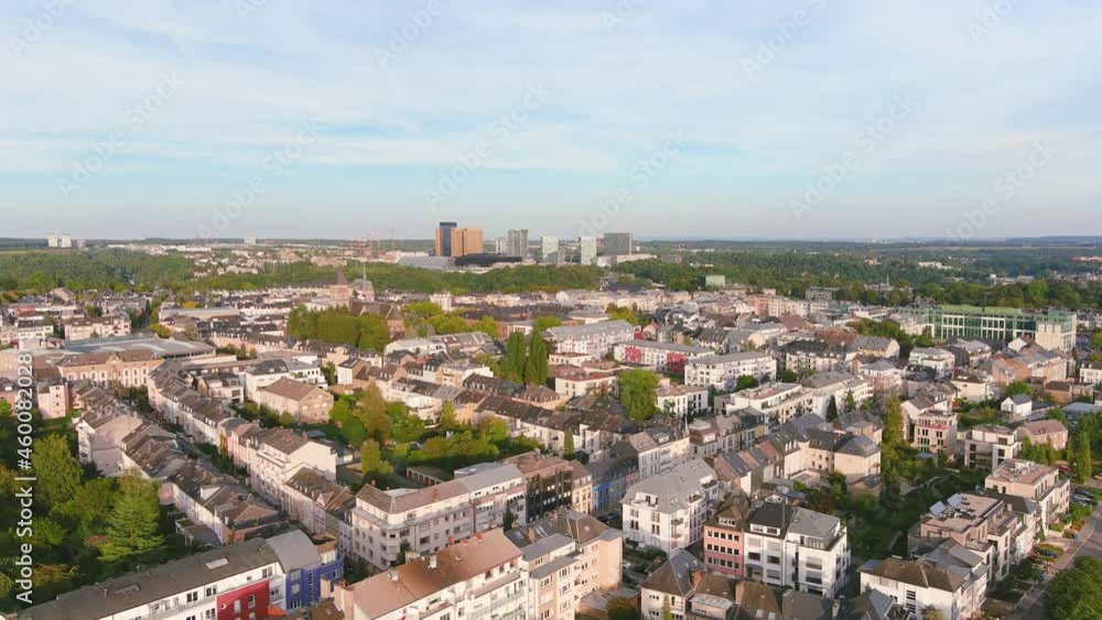 City of Luxembourg: Aerial view of capital city of Luxembourg, modern high-rise office buildings (Kirchberg quarter) skyline on horizon - landscape panorama of Europe from above