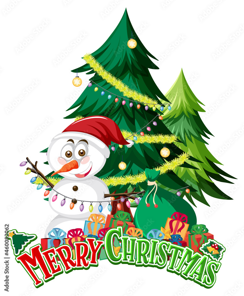 Merry Christmas text banner with Snowman and Christmas tree Merry Christmas text banner with Snowman and Christmas tree