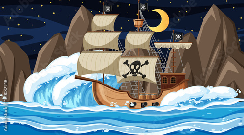 Ocean with Pirate ship at night scene in cartoon style
