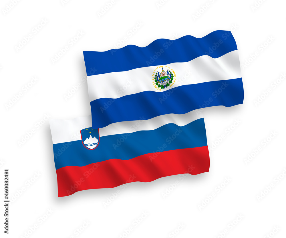 National vector fabric wave flags of Slovenia and Republic of El Salvador isolated on white background. 1 to 2 proportion.