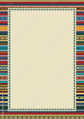 Ethnic pattern background with copy space for text. Traditional textile pattern of South America. Mexican, Bolivian, Peruvian blanket. Mexican restaurant menu page. Cinco de Mayo design illustration.