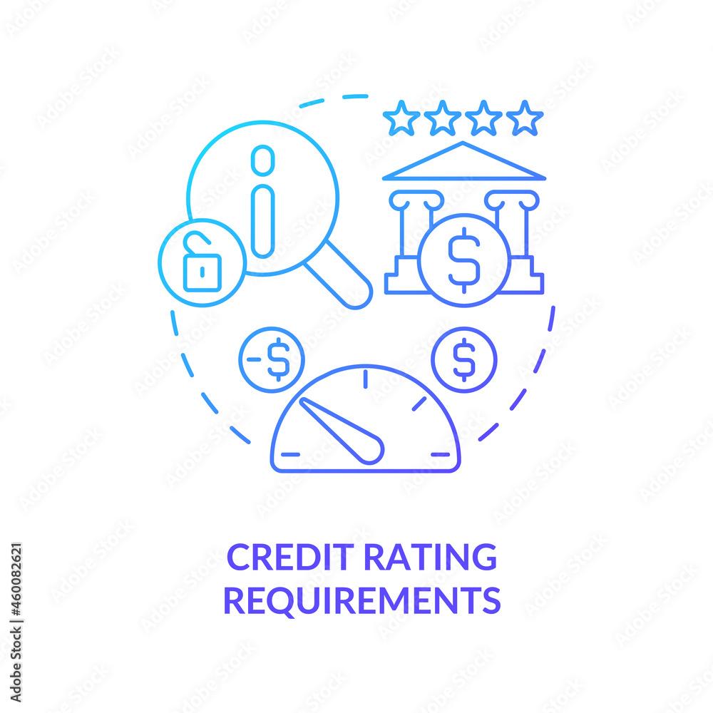 Credit scores requirements concept icon. Banking system regulation process. Credir rating. Financial management abstract idea thin line illustration. Vector isolated outline color drawing Credit scores requirements concept icon. Banking system regulation process. Credir rating. Financial management abstract idea thin line illustration. Vector isolated outline color drawing