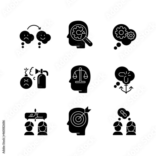Critical mindset and attitude black glyph icons set on white space. Rationality and critical thinking. Emotional intelligence. Understand weak areas. Silhouette symbols. Vector isolated illustration