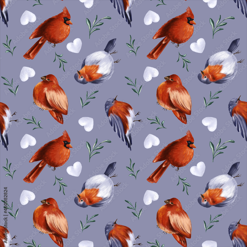 Seamless winter pattern with birds, heart-shaped snowball, mistletoe branches on purple background. The endless backdrop for holiday decoration, gift wrapping, wallpaper, scrapbooking, textile