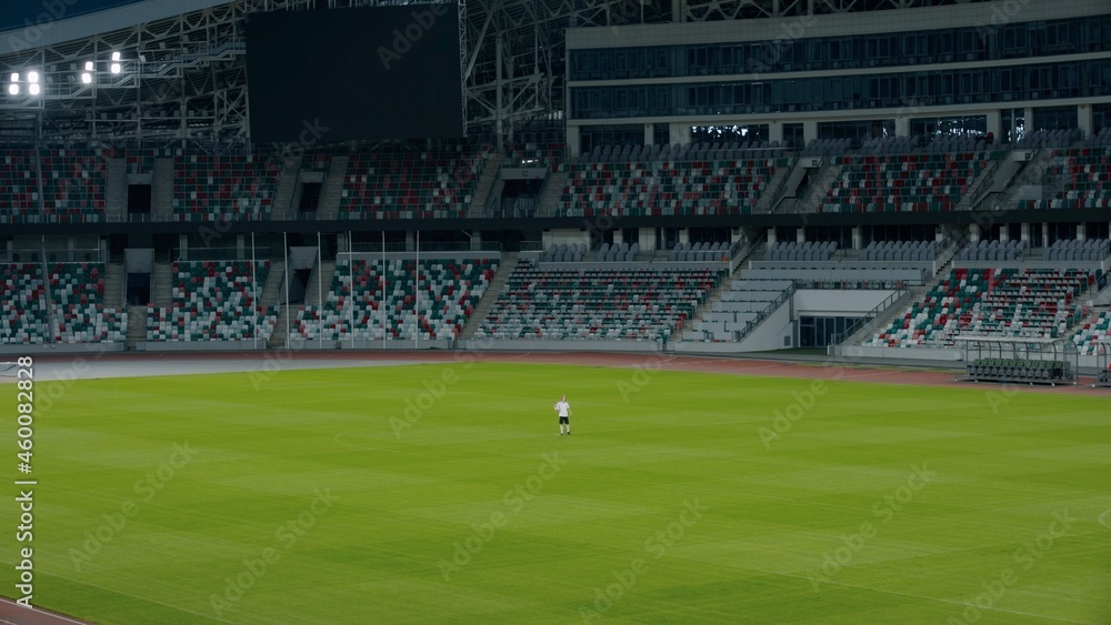 Obraz premium WIDE Caucasian pre teen kid boy entering the field of huge soccer stadium, holding a ball, dreaming of becoming professional player, soccer star