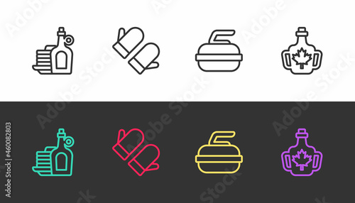 Set line Syrup with pancakes, Christmas mitten, Stone for curling and Bottle of maple syrup on black and white. Vector