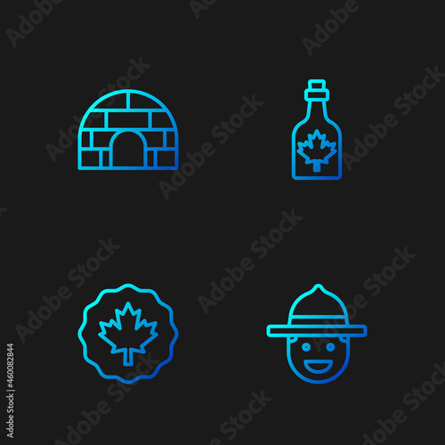 Set line Canadian ranger hat, maple leaf, Igloo ice house and Bottle of syrup. Gradient color icons. Vector