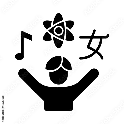 Inquisitiveness black glyph icon. Eager to learn new information. Willing to know something new. Curious and inquisitive mind. Silhouette symbol on white space. Vector isolated illustration