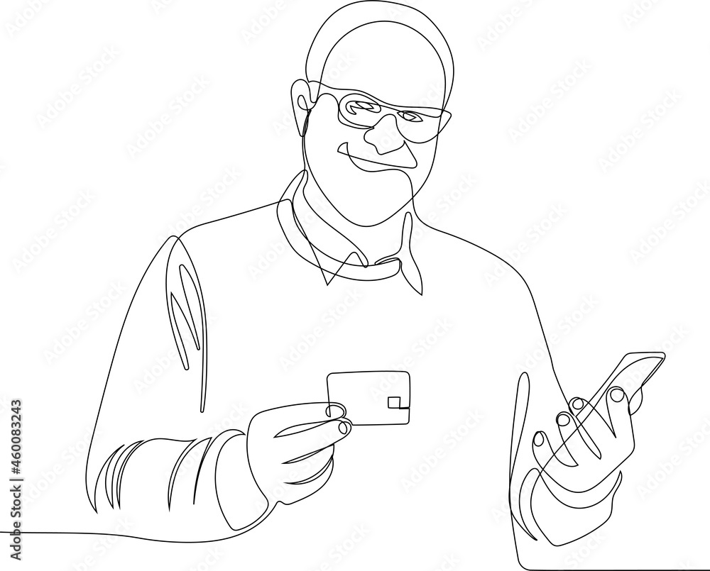 cheerful elderly man with a credit card and a mobile phone smiling at camera isolated on white. Vector illustration