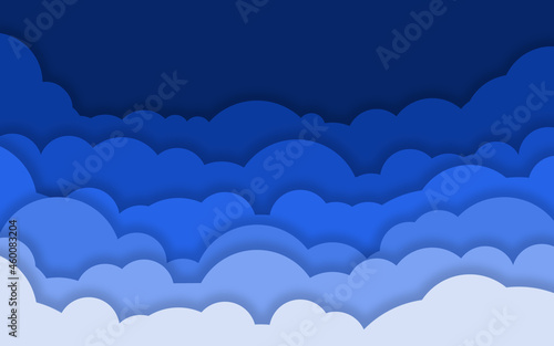 Paper Clouds on Gradient Night blue sky banner color. Light Blue and and Blue dark cloud paper cut style. 3D Illustration With Shadow 