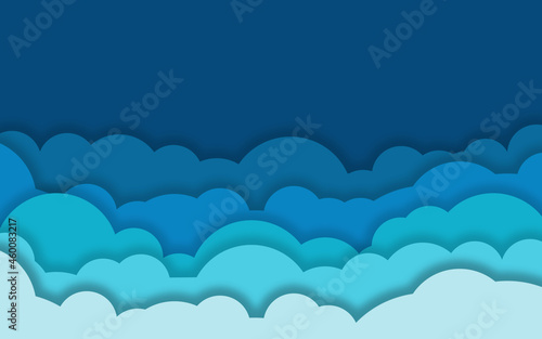 Paper cut Clouds on Gradient blue sky banner color. White and Blue cloud paper cut style. 3D Illustration With Shadow 