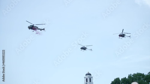 Flower petals by Indian Army Helicopter on Indian army officers passing out parade at Indian Military Academy IMA 2021. High-quality Apple prores 4k 60p footage. 