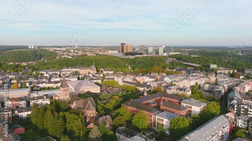 City of Luxembourg: Aerial view of capital city of Luxembourg, modern high-rise office buildings (Kirchberg quarter) skyline on horizon - landscape panorama of Europe from above