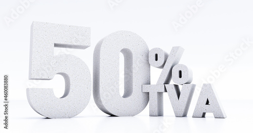 number 50 percent TVA written in 3D, fifty percent TVA isolated on white background, 3D render