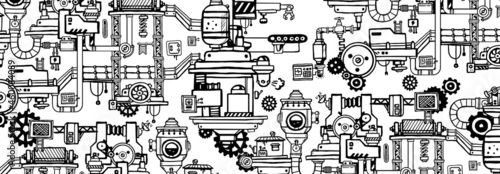 Vector Illustration with Hand Drawn Pattern of Black and White Retro Machine. Doodle Line Art Flat Style Design of Complex Mechanism of Product Production