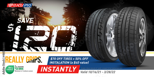 Advertising banner for the sale of car tires. Promotional sale. Black rubber tire. Realistic shining disk car set. Information. Store. Action. Landscape poster, flyer, booklet brochure and web design.