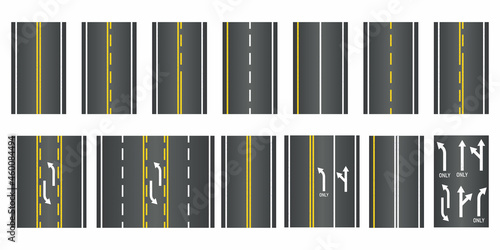 Roads with various white and yellow markings on a white background. Set of  Seamless Road Types. Highway Top View. Vector Illustration
