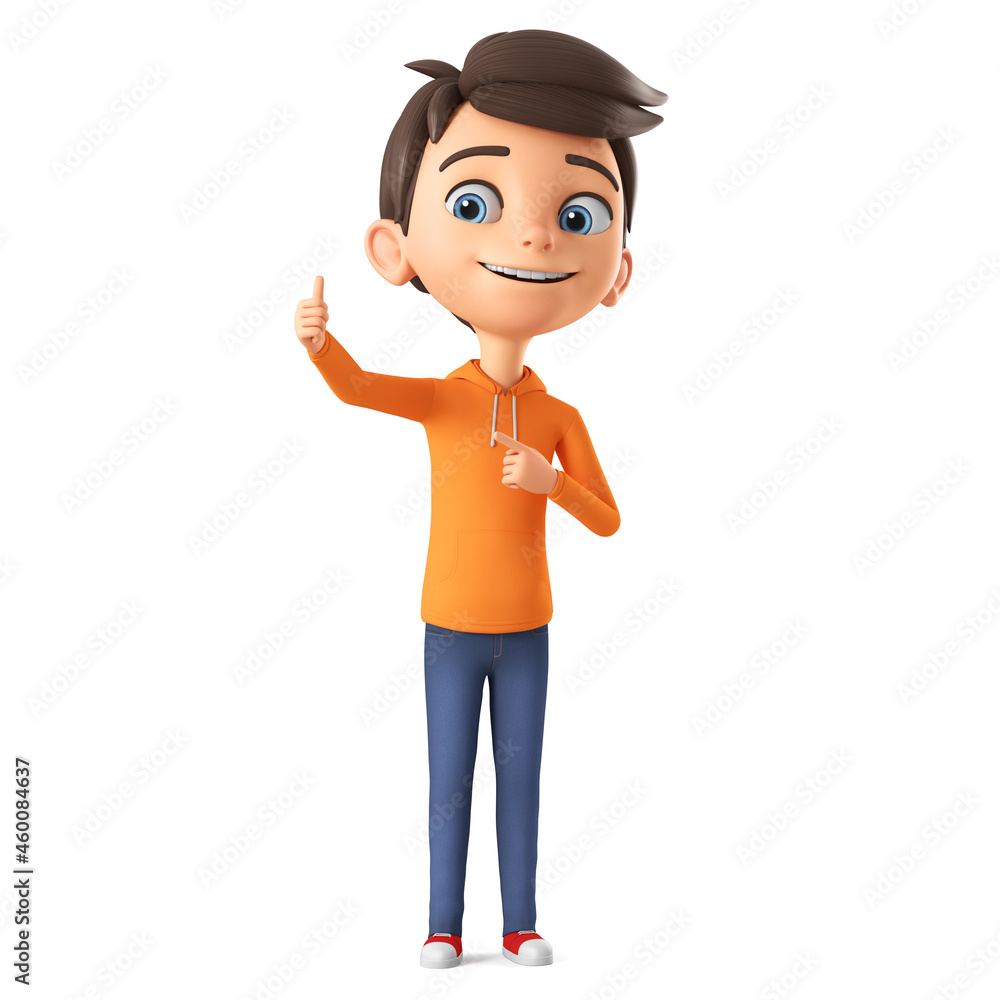 Cartoon boy character in orange sweatshirt points his thumb up. 3d render illustration. Cartoon boy character in orange sweatshirt points his thumb up. 3d render illustration.
