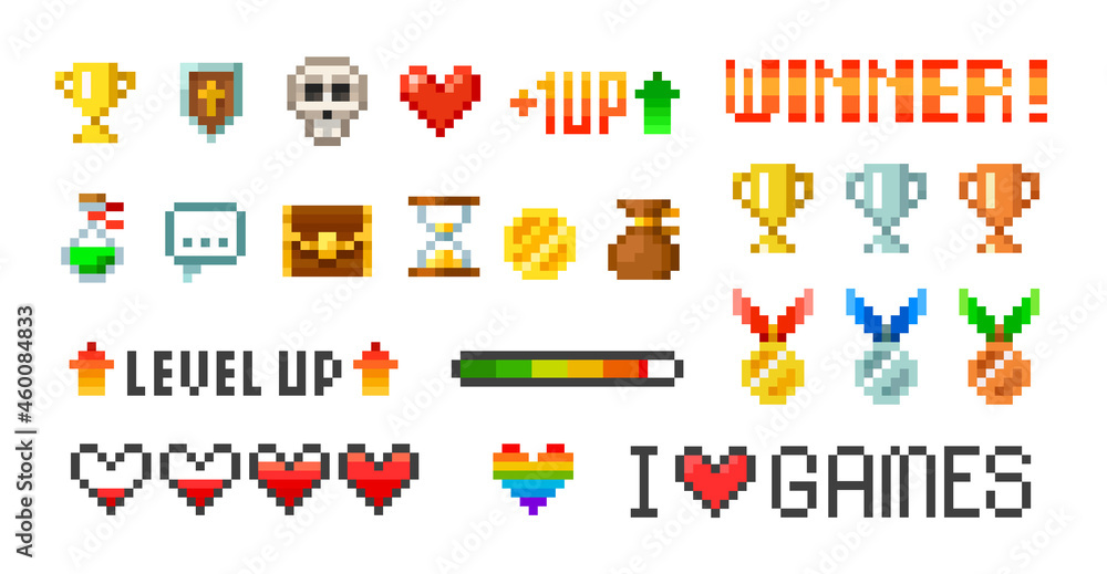 Pixel art simple icons for retro 8-bit video game design - vector template. winner trophy cups and medals with loading bar set elements for arcade game design. Level up with health loading scale