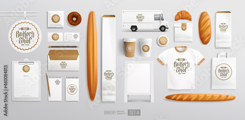 Bakery goods white brand identity with food package mock-up set vector template. Bakery logo design on food truck. Realistic MockUp set of Baked products packaging, coffee cup, stationery items