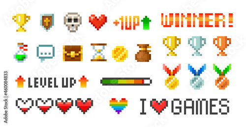 Pixel art simple icons for retro 8-bit video game design - vector template. winner trophy cups and medals with loading bar set elements for arcade game design. Level up with health loading scale