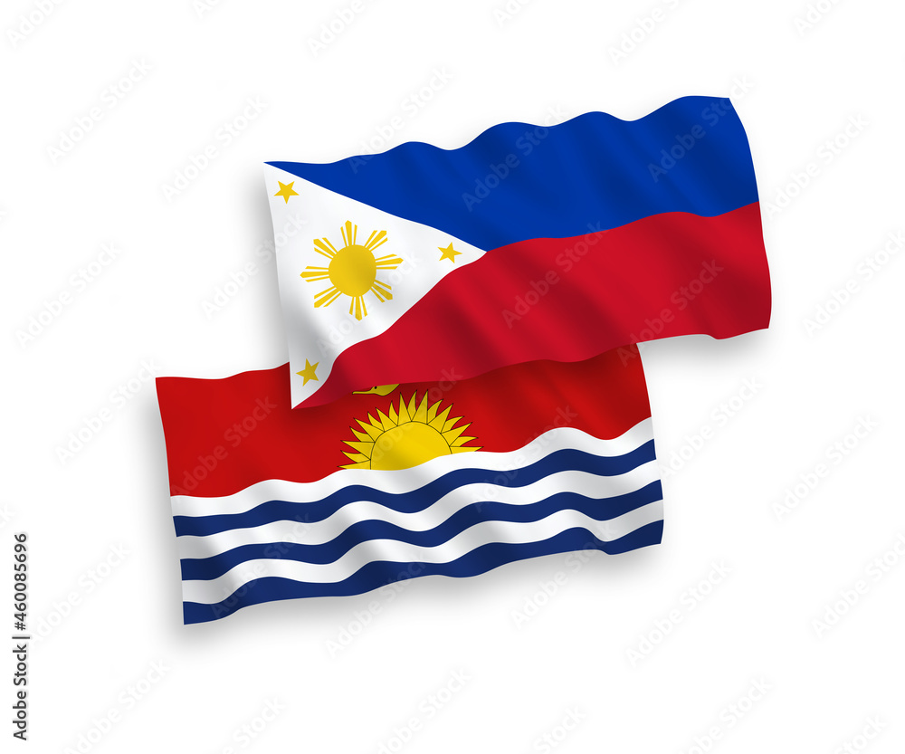 National vector fabric wave flags of Republic of Kiribati and Philippines isolated on white background. 1 to 2 proportion. National vector fabric wave flags of Republic of Kiribati and Philippines isolated on white background. 1 to 2 proportion.
