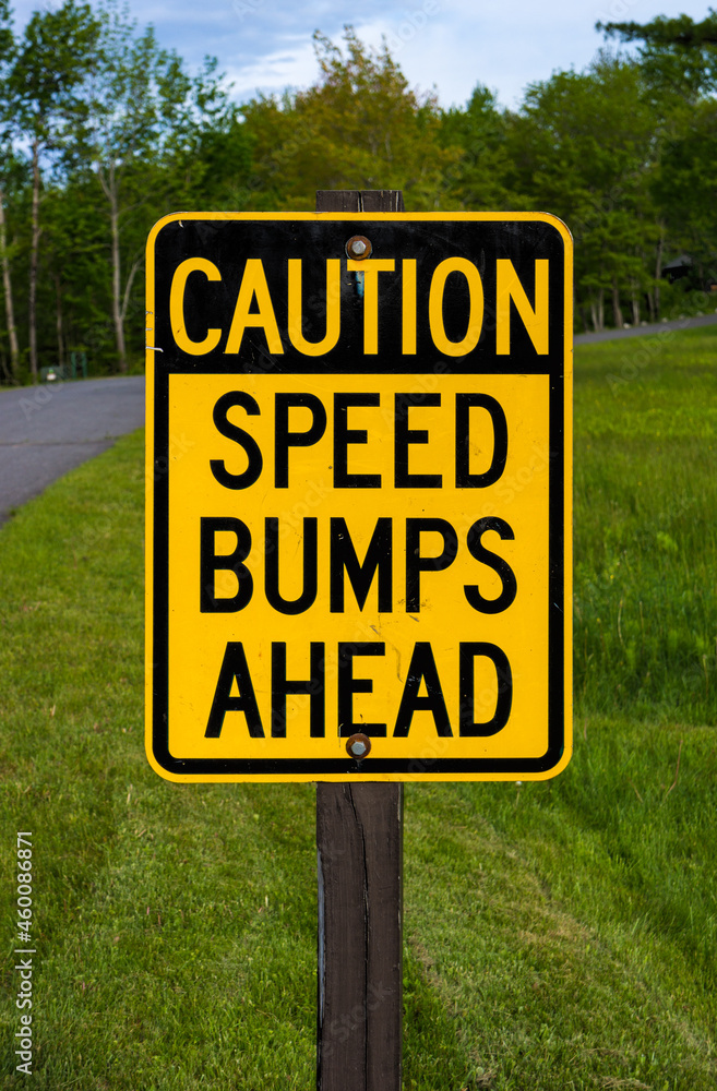 Caution speed bumps ahead sign next to a park road with lawn and trees in the background Caution speed bumps ahead sign next to a park road with lawn and trees in the background