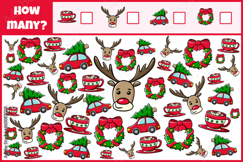 Educational mathematical game. Count the objects. Count how many objects. Counting game for children.