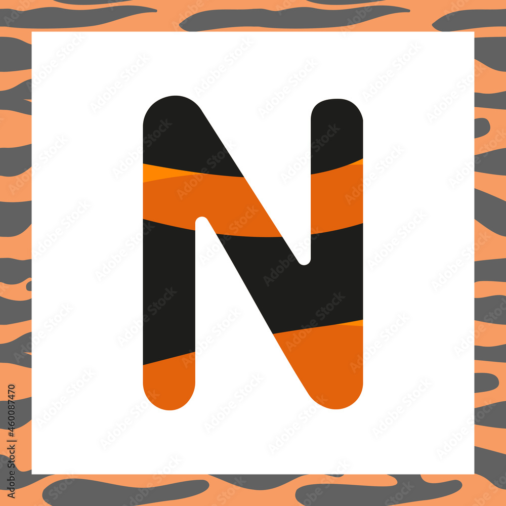 Letter N with tiger pattern. Festive font and frame from orange with black stripes alphabet, symbol for New Year and Christmas Letter N with tiger pattern. Festive font and frame from orange with black stripes alphabet, symbol for New Year and Christmas