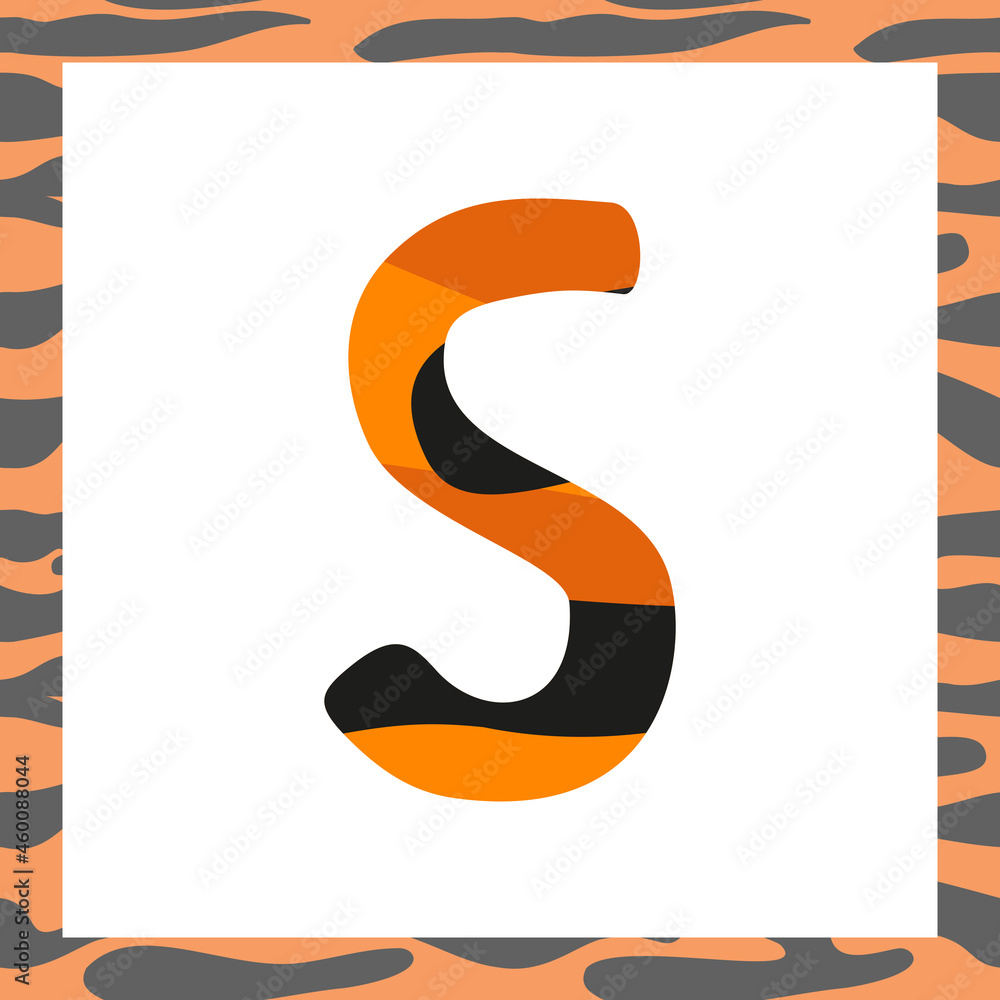 Letter S with tiger pattern. Festive font and frame from orange with black stripes alphabet, symbol for New Year and Christmas Letter S with tiger pattern. Festive font and frame from orange with black stripes alphabet, symbol for New Year and Christmas